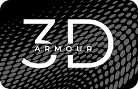 Logotipo de 3D Armour en blanco sobre fondo negro con patrón de círculos
