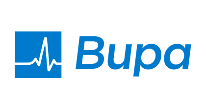 Logotipo de Bupa en azul con línea de pulso.