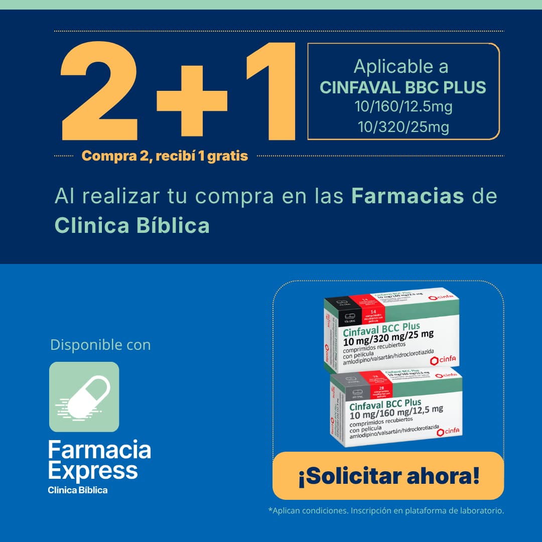 Imagen promocional con oferta 2+1 en Cinfaval BBC Plus de 5/160/12.5 mg en Farmacias de Clínica Bíblica y Farmacia Express, mostrando las cajas del medicamento de laboratorio Cinfa.