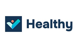 Logotipo de Healthy con símbolo en azul y naranja"