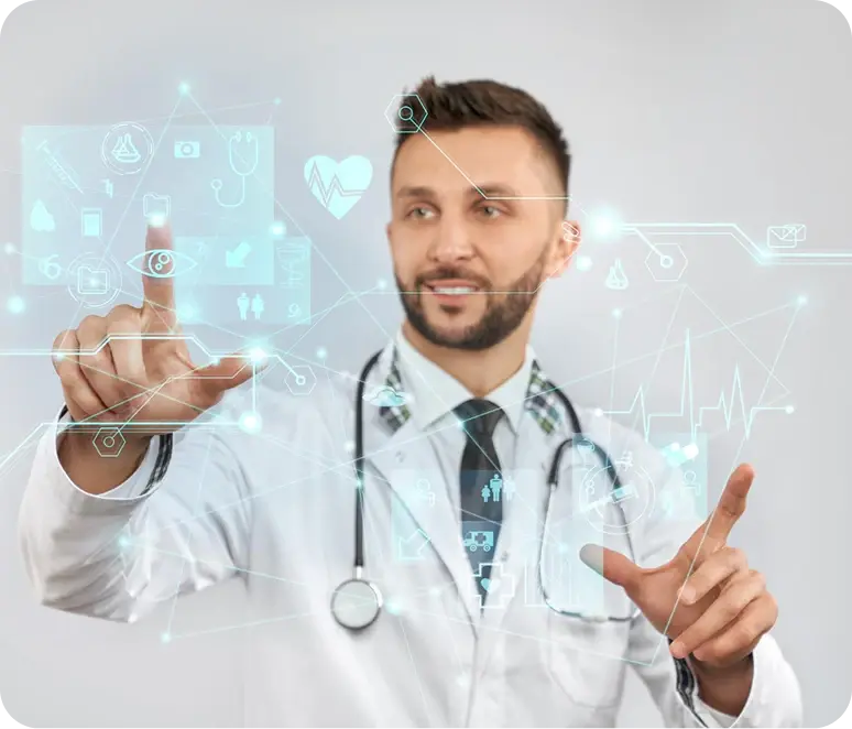 White coat doctor using virtual health screens and medical technology