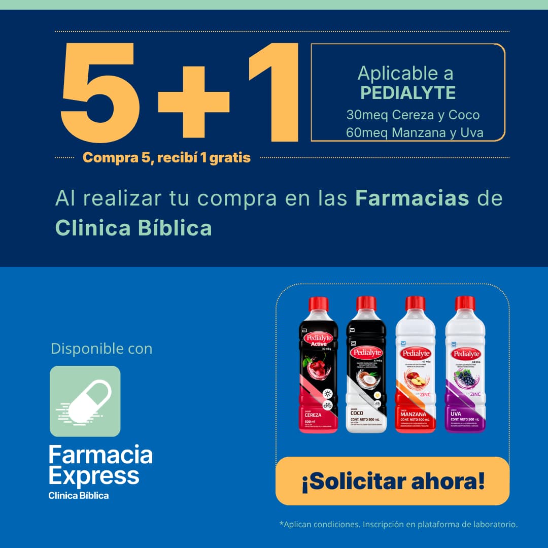 Promoción 5+1 en solución electrolítica Pedialyte 30 mEq (cereza y coco) y 60 mEq (manzana y uva) para Farmacias de Clínica Bíblica y Farmacia Express, con la leyenda compra 5 y recibe 1 gratis junto a las botellas del producto Abbott.