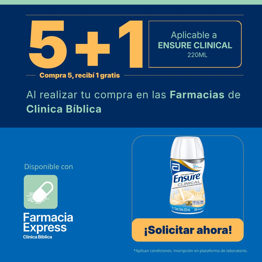 Promoción 5+1 en Ensure Clinical de 220ml en Farmacias de Clínica Bíblica. Muestra la botella de Ensure Clinical sabor a vainilla y opción para solicitar en línea a través de Farmacia Express.