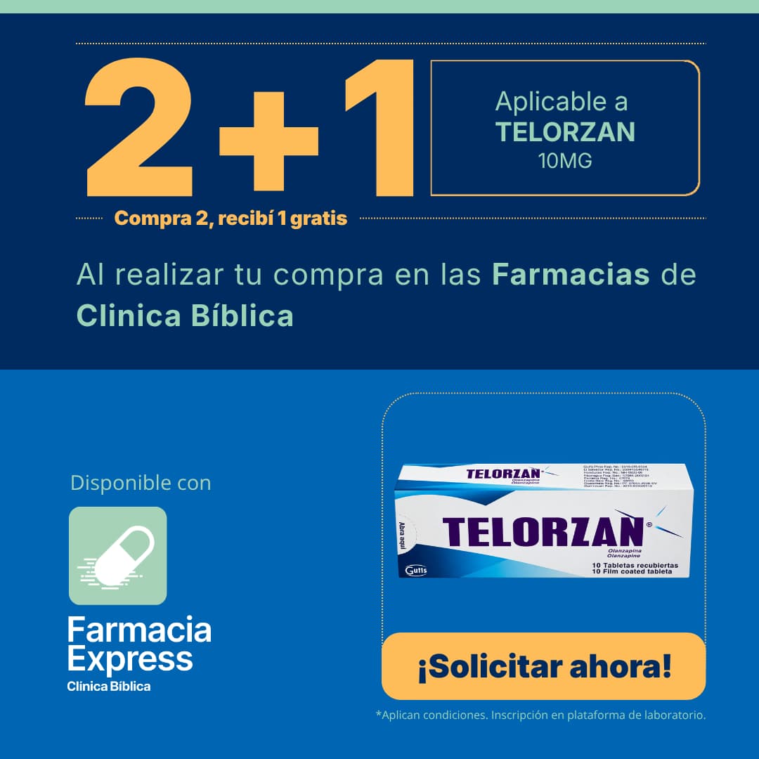 Imagen promocional con oferta 2+1 en Bellaluz de 10 mg y 20 mg (vortioxetina) en Farmacias de Clínica Bíblica y Farmacia Express, mostrando las cajas del medicamento de laboratorio Guttis.