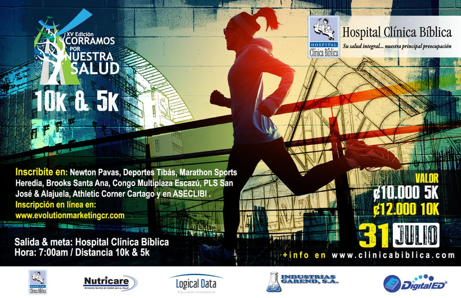 Afiche promocional de carrera atlética con persona corriendo y datos del evento del Hospital Clínica Bíblica