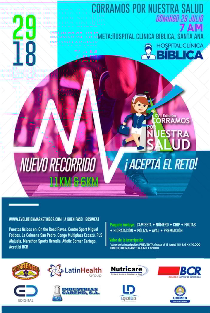 Afiche informativo de la carrera Corramos por Nuestra Salud con fecha, distancias y patrocinadores