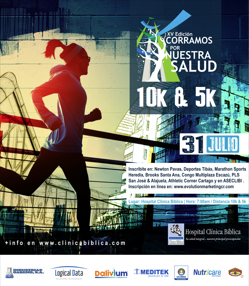 Afiche promocional de la carrera Corramos por Nuestra Salud con persona corriendo, distancias 10K y 5K y fecha 31 de julio