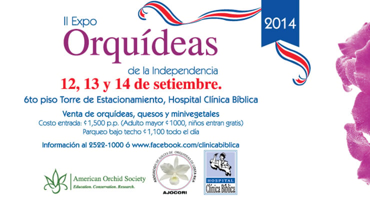 Afiche promocional de la Expo Orquídeas de la Independencia 2014 con fechas, lugar y logos institucionales.