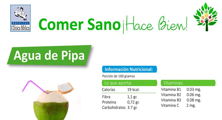 Imagen informativa del agua de pipa con tabla nutricional del programa Comer Sano de la Clínica Bíblica.