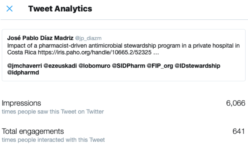 Captura de pantalla de analíticas de Twitter con impresiones y número de interacciones de una publicación