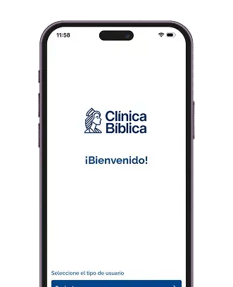 Pantalla de aplicación móvil de la Clínica Bíblica con mensaje de bienvenida