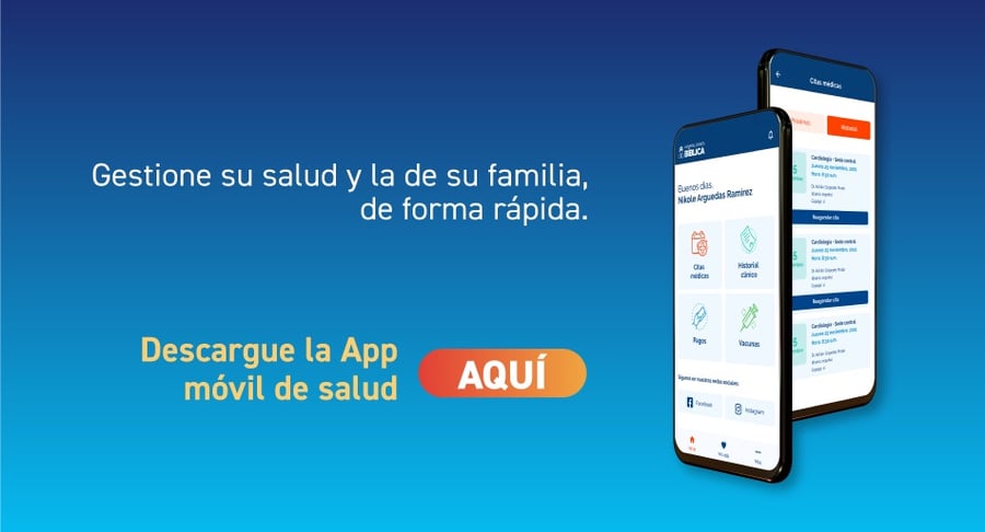Pantallas de la aplicación móvil del Hospital Clínica Bíblica para la gestión de citas médicas, historial clínico y servicios de salud