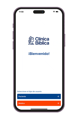 Pantalla de inicio de la aplicación móvil de la Clínica Bíblica con opciones para paciente o médico.