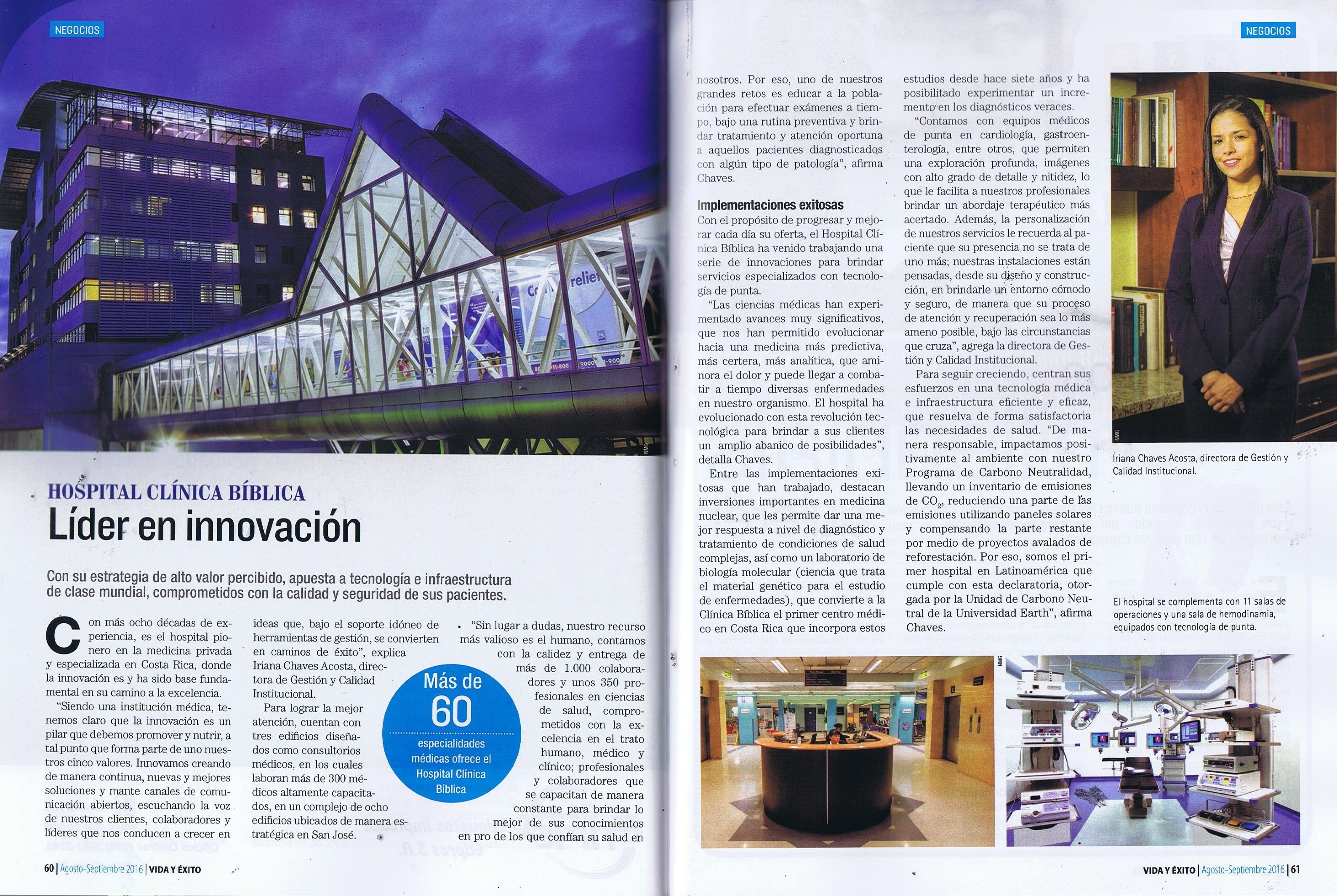 Doble página de revista con artículo sobre el Hospital Clínica Bíblica y su liderazgo en innovación