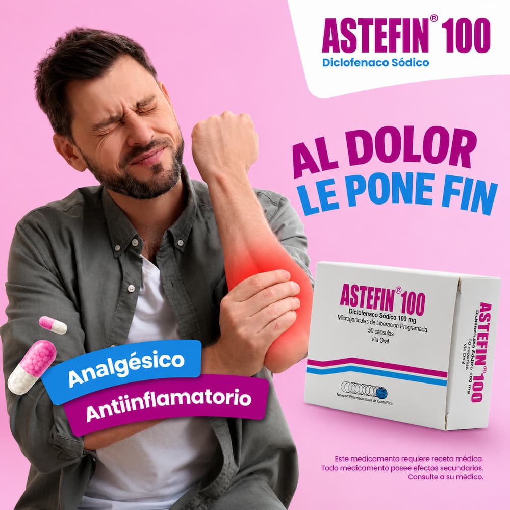 Caja de medicamento Astefin 100 de Diclofenaco Sódico analgésico y antiinflamatorio junto a un hombre sujetándose el brazo con dolor e inflamación.