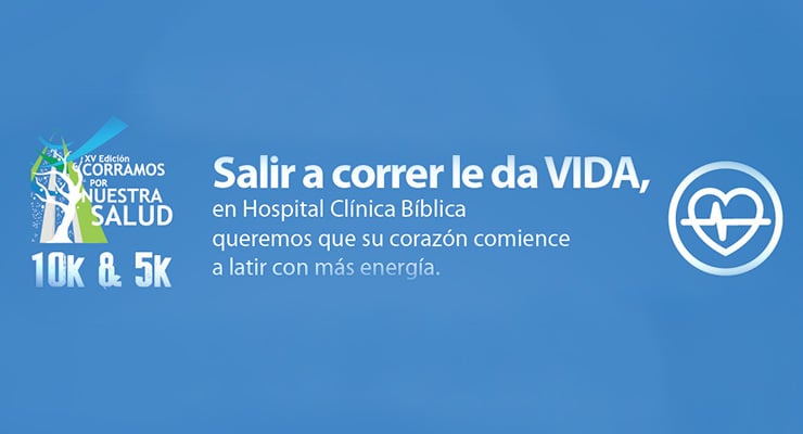 Banner informativo de carrera 5K y 10K con texto sobre correr por la salud y logotipo institucional.
