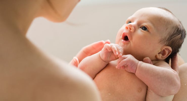 Recién nacido sostenido en brazos por su madre durante los primeros días de vida