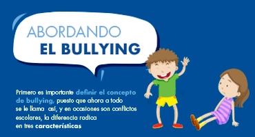Infografía educativa titulada "Abordando el Bullying" que muestra a dos niños y explica la importancia de diferenciar el concepto de los conflictos escolares.
