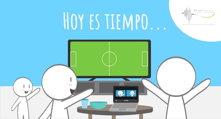 Ilustración de familia en casa viendo televisión y computadora con contenido educativo durante la campaña Hoy es Tiempo