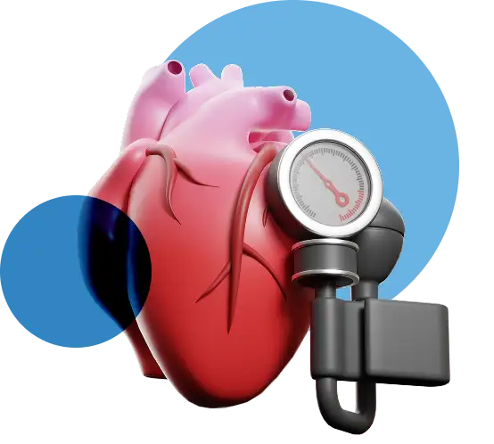 Ilustración de corazón humano con esfigmomanómetro para control de presión arterial en Clínica Bíblica.