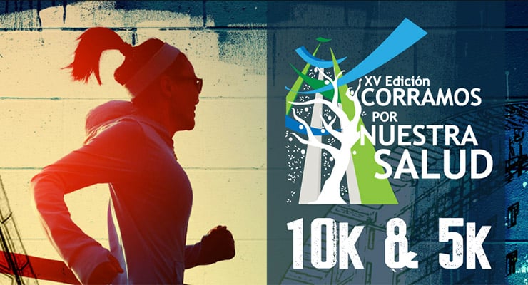 Persona corriendo con gráfica promocional de la carrera Corramos por Nuestra Salud 10K y 5K