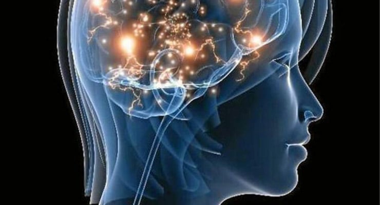 Ilustración del perfil de una cabeza humana con el cerebro visible y conexiones neuronales iluminadas.