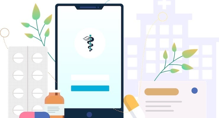 Ilustración sobre sostenibilidad en salud con elementos médicos y ambientales durante la conferencia CleanMed Europa 2021