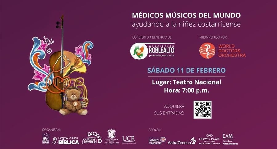 Afiche del concierto benéfico de la World Doctors Orchestra en el Teatro Nacional a beneficio de la Asociación Roblealto.