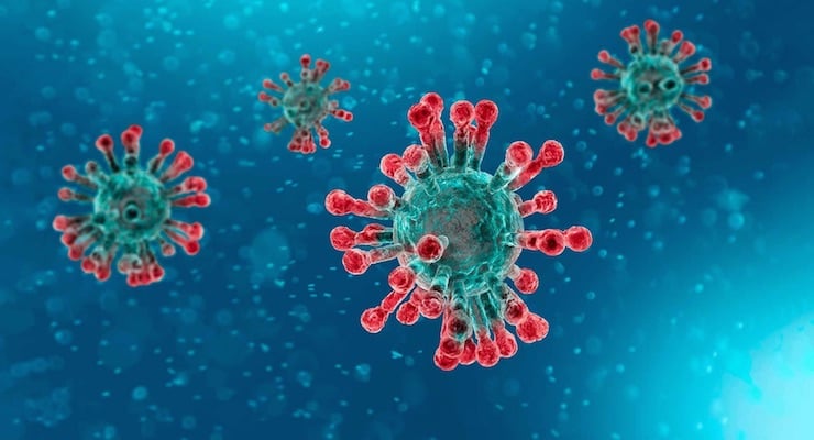 Ilustración del virus Coronavirus 2019-ncov con partículas virales flotando en un entorno azul