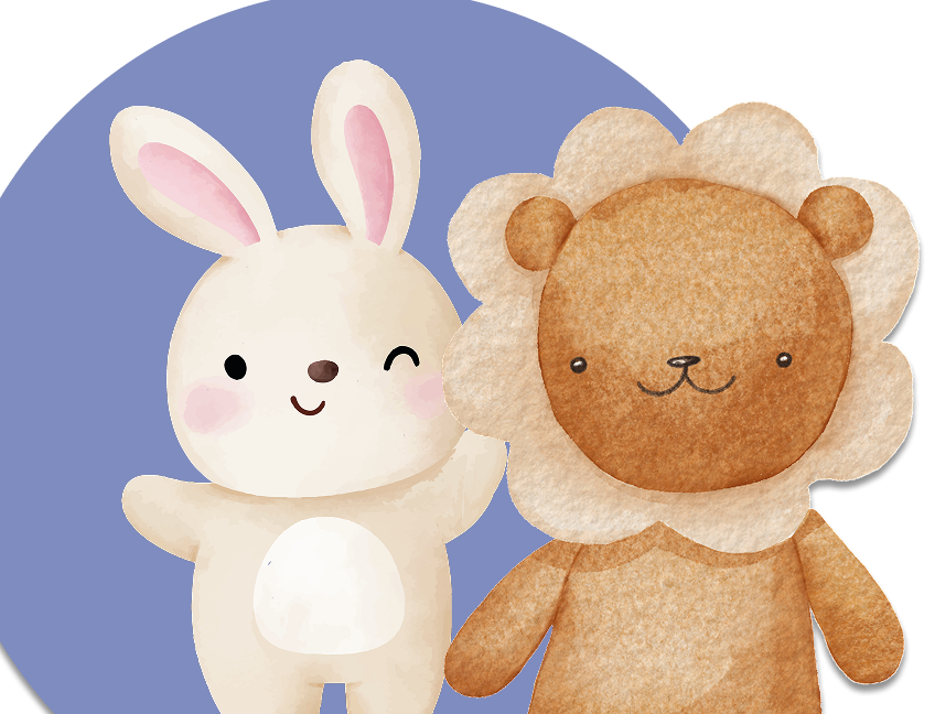 Ilustración infantil de un conejo y un león sonrientes abrazados