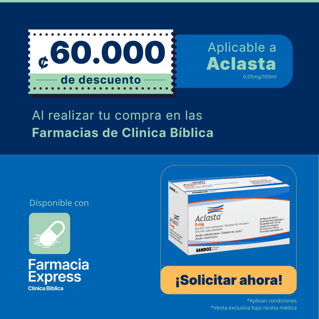 Banner promocional de Farmacias Clínica Bíblica con 60.000 colones de descuento en Aclasta 5mg (ácido zoledrónico). Muestra la caja del producto de laboratorio Sandoz, disponibilidad en Farmacia Express y un botón de ¡Solicitar ahora!.