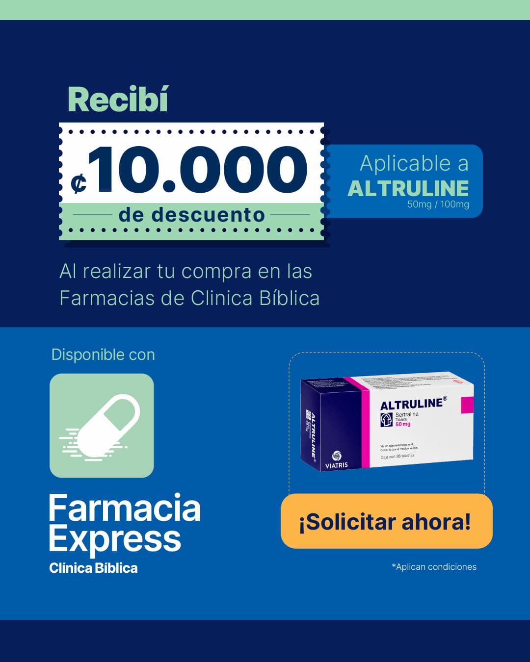 Anuncio promocional de Farmacia Express de Clínica Bíblica ofreciendo 10.000 colones de descuento en medicamento Altruline de 50mg y 100mg, junto a la caja del producto y un botón de Solicitar ahora.