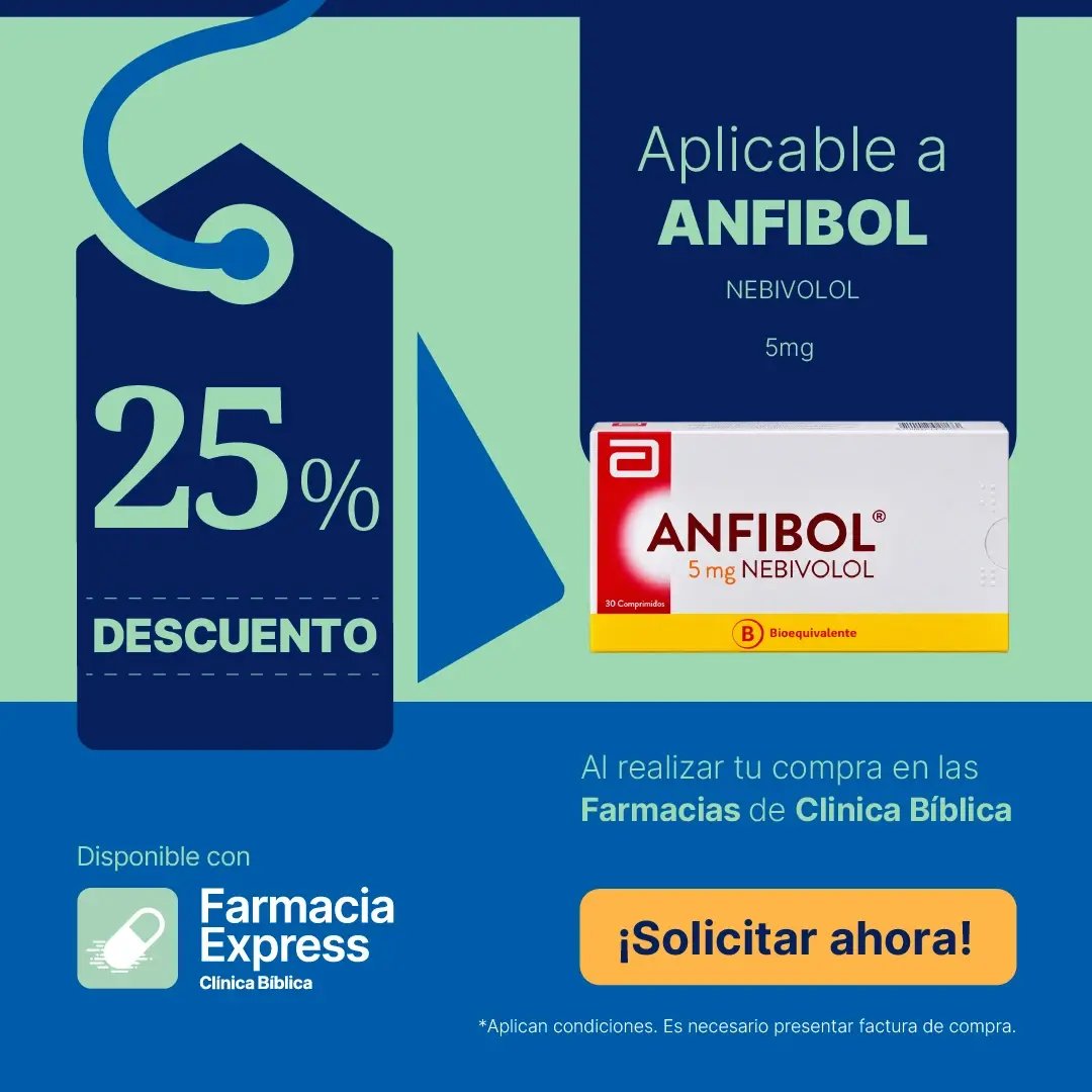 Anuncio promocional de Farmacia Express Clínica Bíblica con un 25% de descuento en el medicamento Anfibol Nebivolol de 5 mg, junto a la caja de 30 comprimidos y un botón de Solicitar ahora.