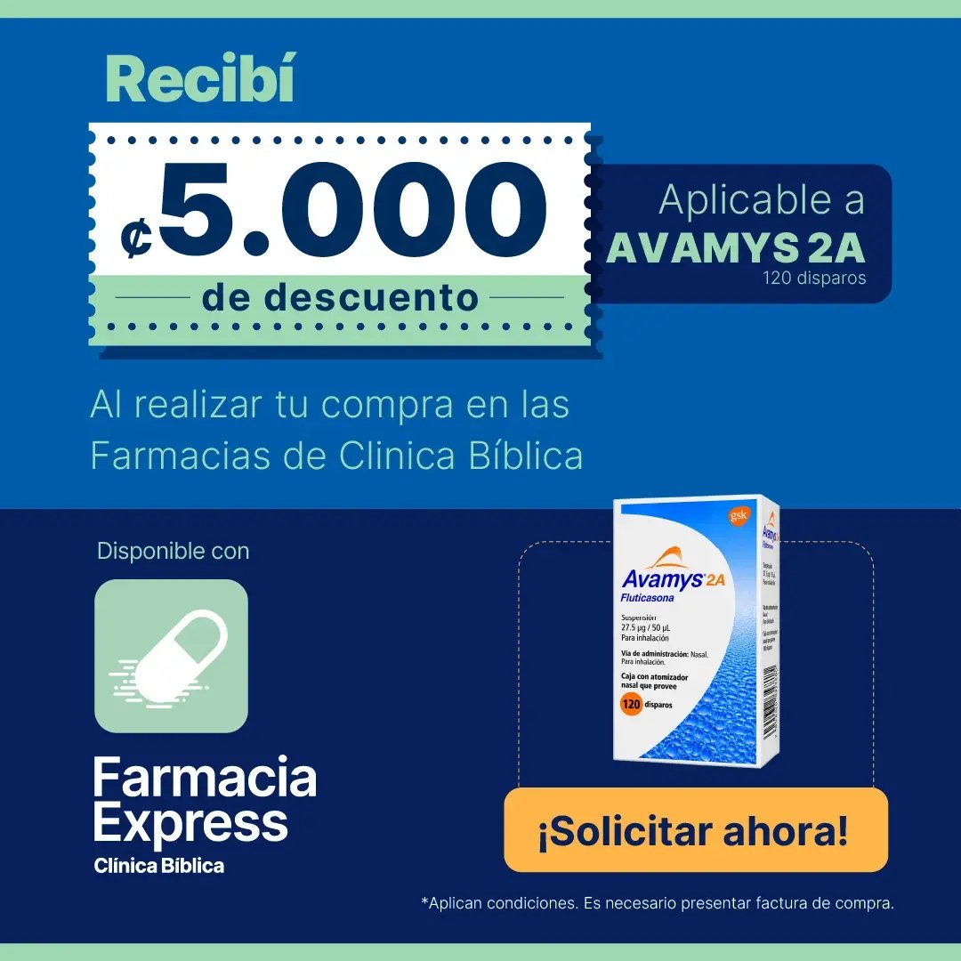 Anuncio promocional de Farmacia Express Clínica Bíblica con cupón de 5.000 colones de descuento en la compra de Avamys 2A de 120 disparos, junto a la imagen de la caja del medicamento y un botón de Solicitar ahora.