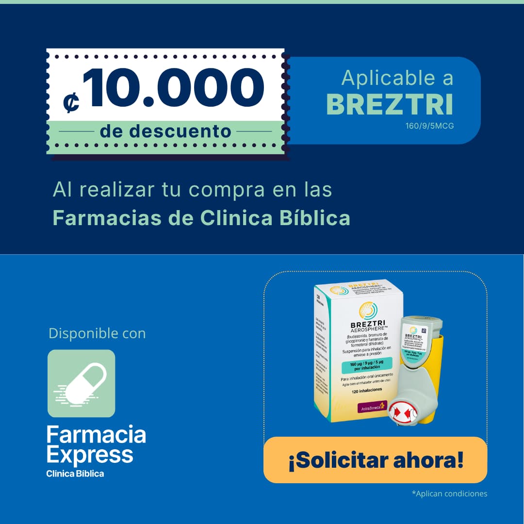 Imagen promocional con descuento de 10000 colones en Breztri 160/9/5 mcg en Farmacias de Clínica Bíblica y Farmacia Express, mostrando la caja y el inhalador del medicamento de laboratorio AstraZeneca.