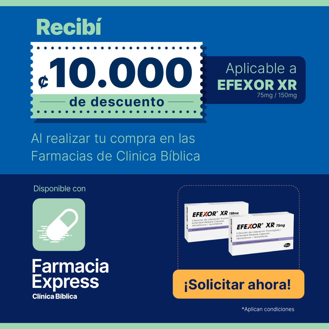 Anuncio promocional de Farmacia Express de Clínica Bíblica ofreciendo 10.000 colones de descuento en medicamento Efexor XR de 75mg y 150mg, junto a las cajas del producto y un botón de Solicitar ahora.