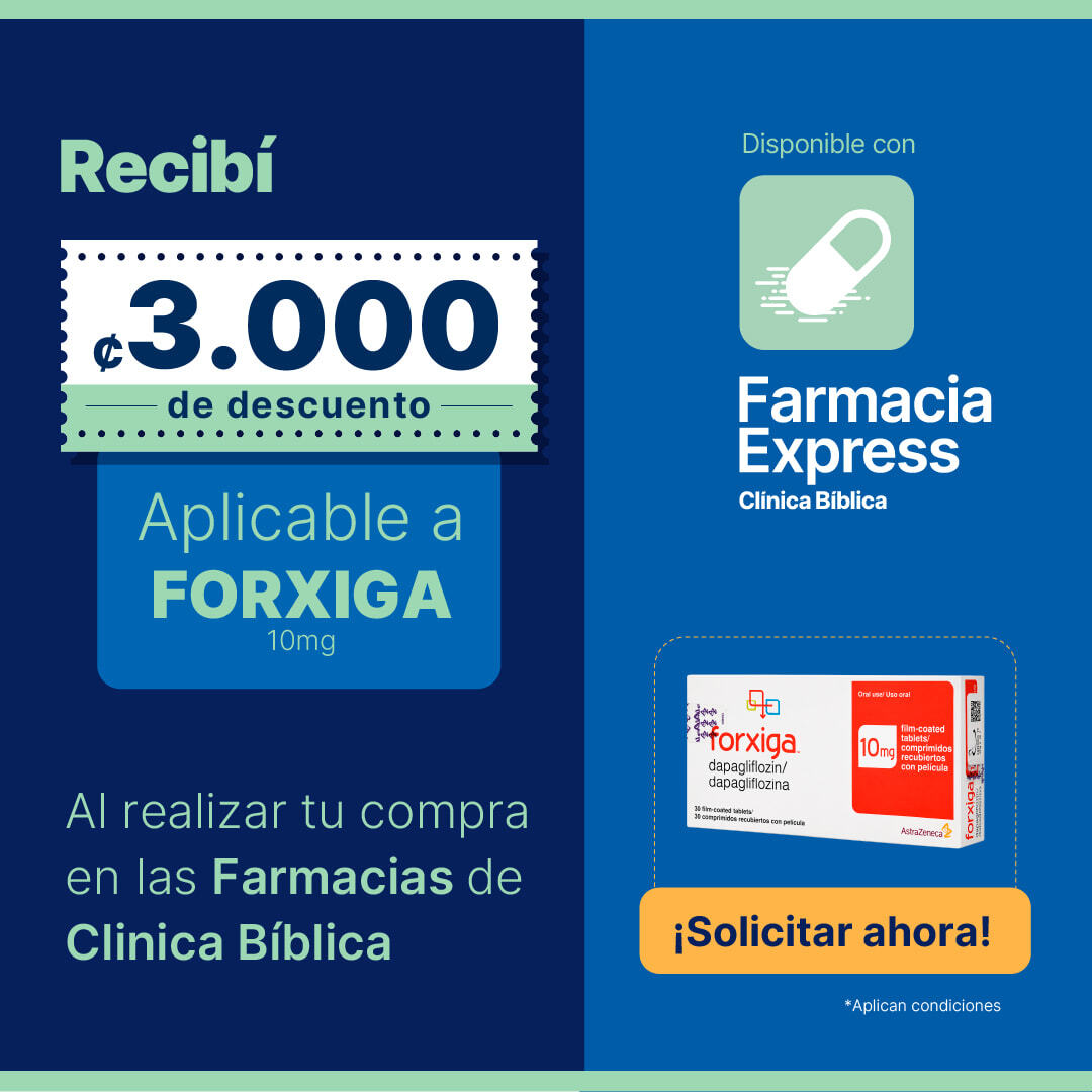 Anuncio promocional de Farmacias de Clínica Bíblica que ofrece un cupón de 3.000 de descuento aplicable en el medicamento Forxiga de 10mg. Incluye el logotipo de Farmacia Express