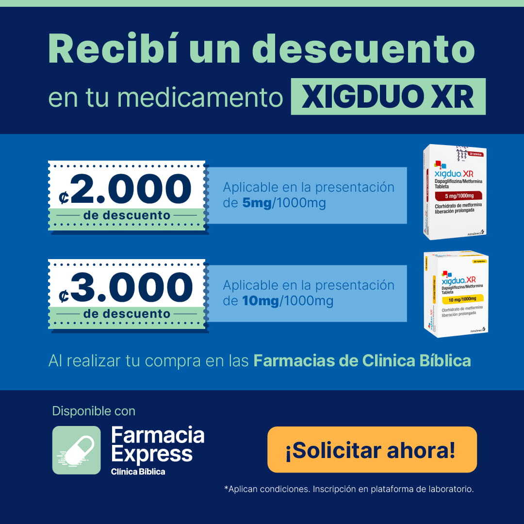 Anuncio promocional de Farmacias de Clínica Bíblica que ofrece descuentos en el medicamento Xigduo XR: un cupón de 2.000 de descuento aplicable en la presentación de 5mg/1000mg y otro de 3.000 de descuento para la presentación de 10mg/1000mg. Incluye el logotipo de Farmacia Express