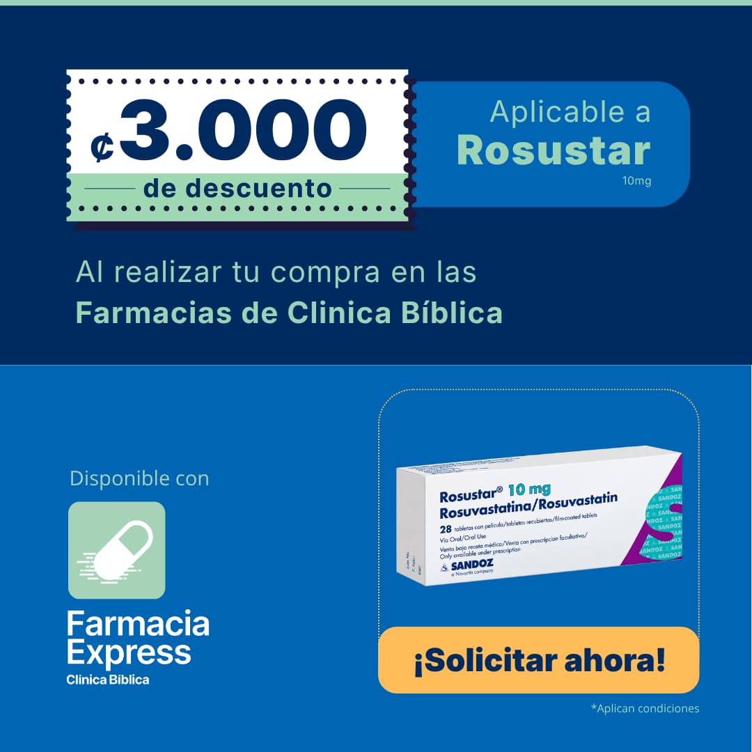 Imagen promocional con descuento de 3000 colones en Rosustar 10 mg al comprar en Farmacias de Clínica Bíblica y Farmacia Express, mostrando la caja del medicamento Rosuvastatina de laboratorio Sandoz.
