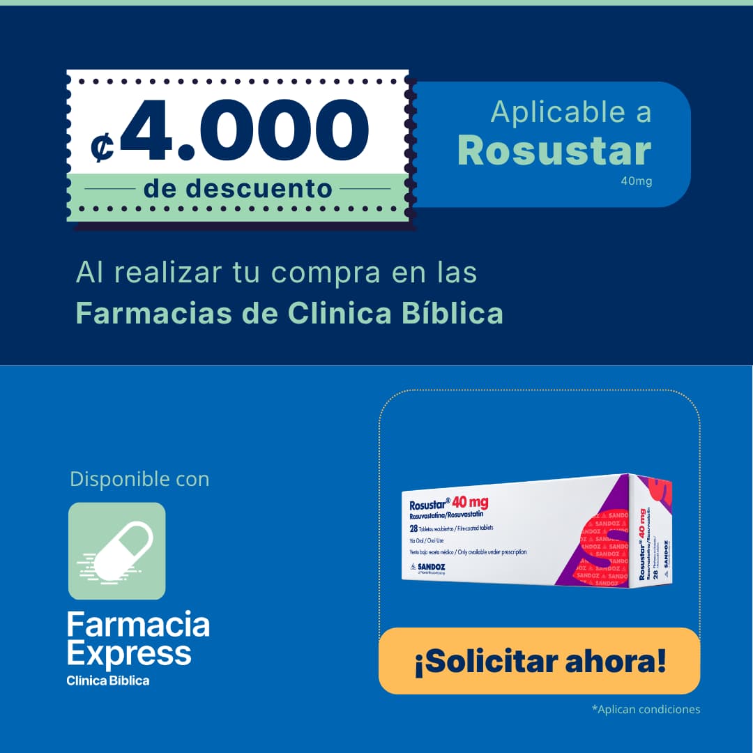 Imagen promocional con descuento de 4000 colones en Rosustar 40 mg al comprar en Farmacias de Clínica Bíblica y Farmacia Express, mostrando la caja del medicamento Rosuvastatina de laboratorio Sandoz.