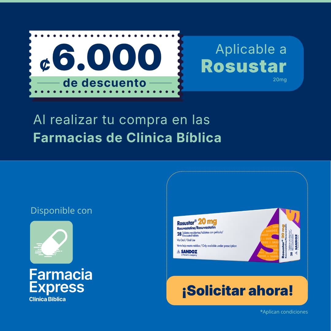 Imagen promocional con descuento de 6000 colones en Rosutar 20 mg al comprar en Farmacias de Clínica Bíblica y Farmacia Express, mostrando la caja del medicamento Rosuvastatina de laboratorio Sandoz.