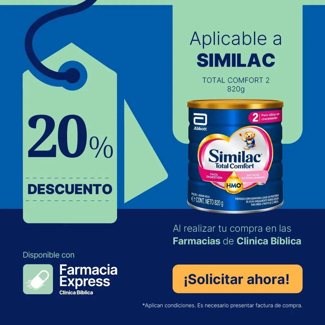 Anuncio promocional de Farmacia Express Clínica Bíblica con un 20% de descuento en la leche infantil Similac Total Comfort 2 de 820 g, junto a la lata del producto y un botón de Solicitar ahora.