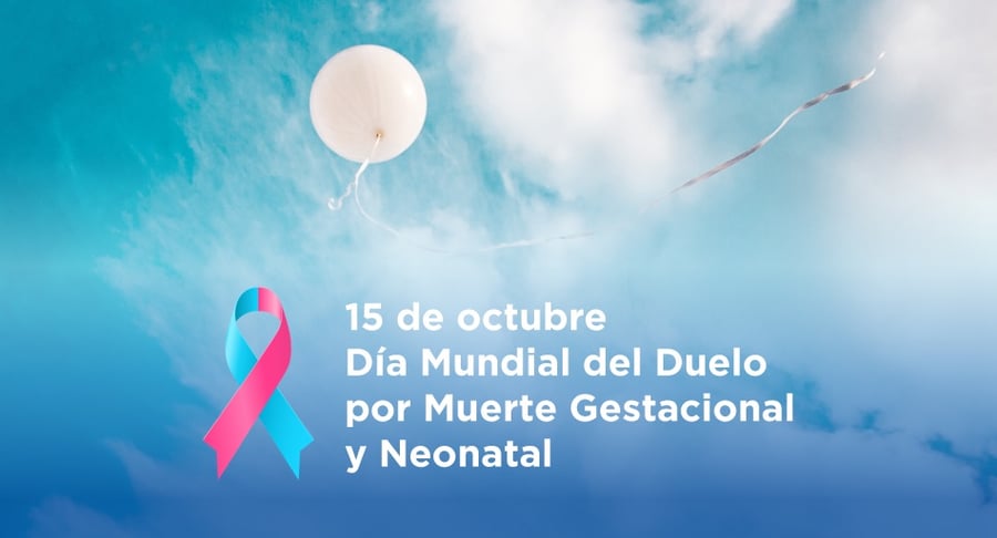 Lazo conmemorativo rosado y celeste junto a un globo blanco en el cielo en alusión al Día Mundial del Duelo por Muerte Gestacional y Neonatal.