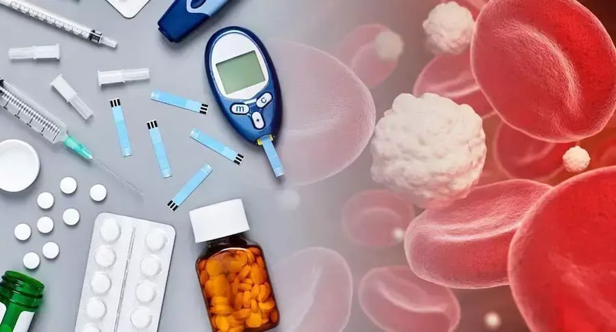 Medicamentos, jeringas y glucómetro junto a ilustración de células sanguíneas relacionadas con la diabetes