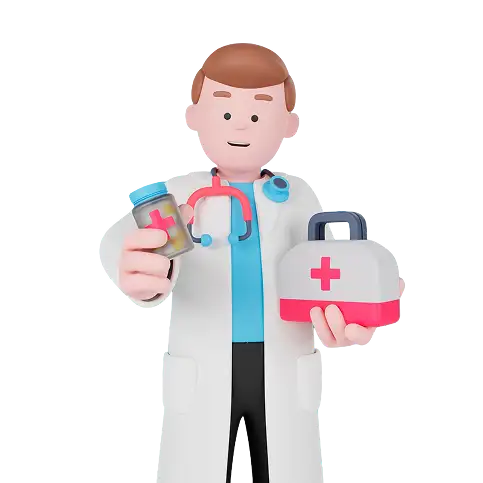 Médico caricaturizado sosteniendo frasco de medicinas y botiquín