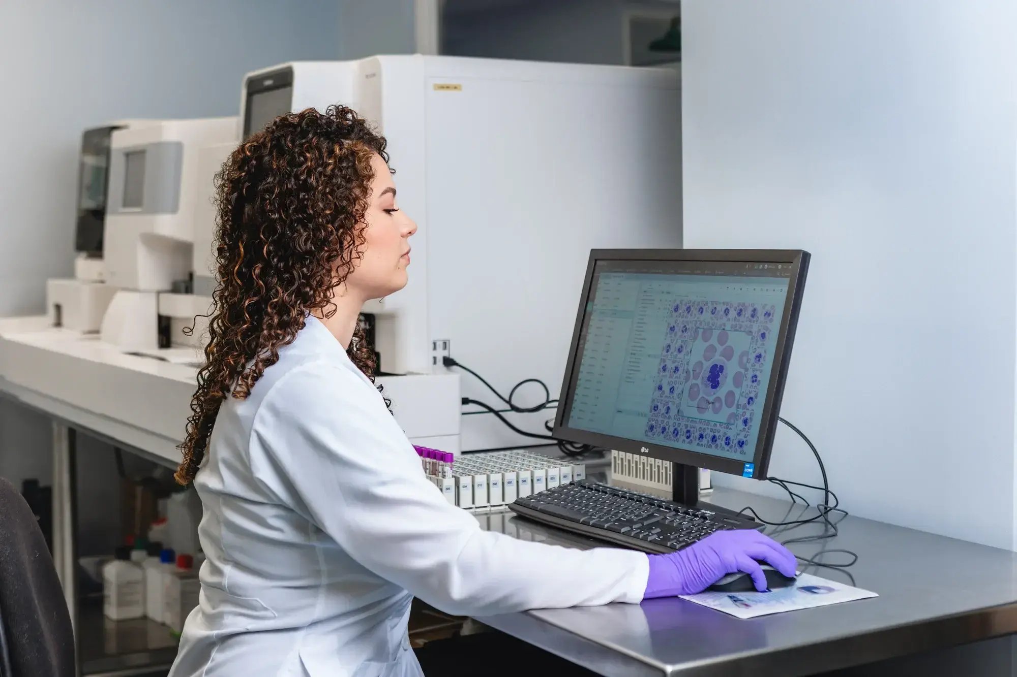 Doctora analizando muestras en monitor de laboratorio clínico