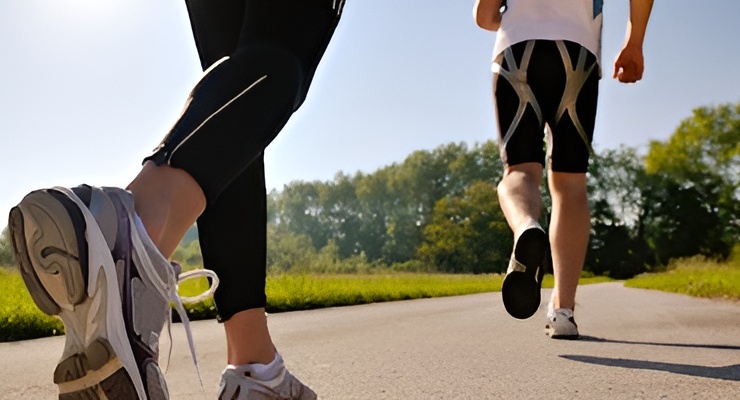 Personas corriendo al aire libre en un camino, con enfoque en las piernas y el calzado deportivo.