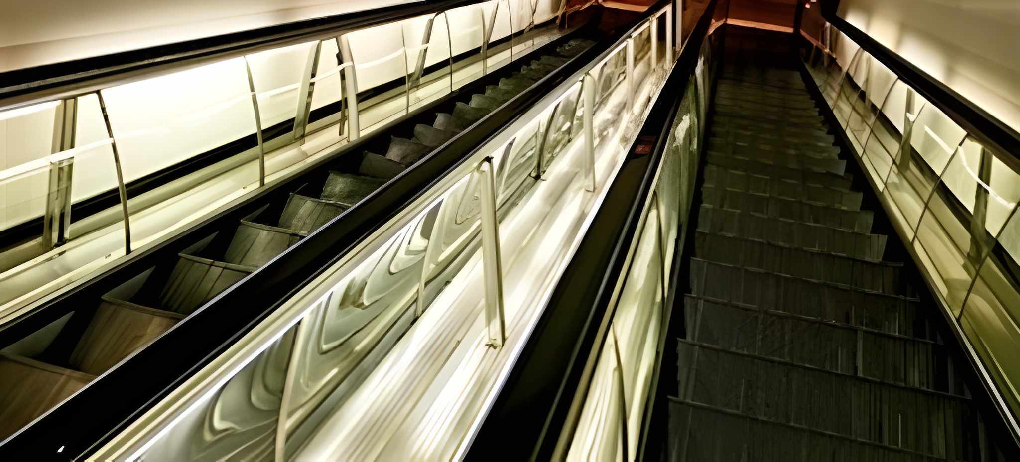 Escaleras eléctricas vistas desde la parte superior en un espacio interior