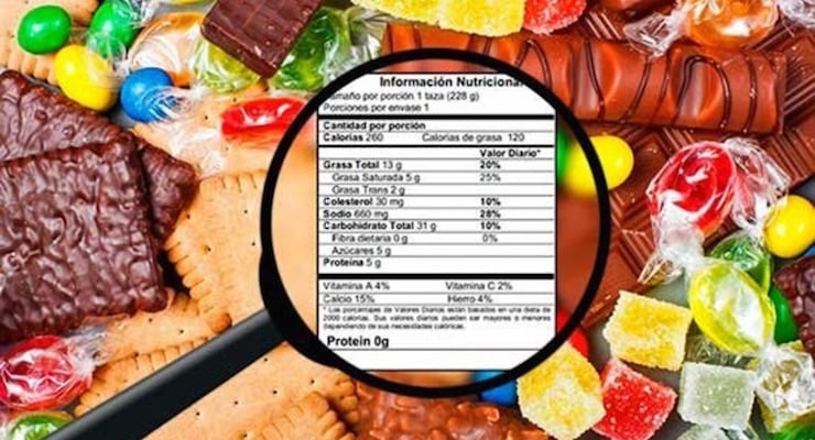 Etiqueta nutricional observada con lupa sobre productos alimenticios empacados