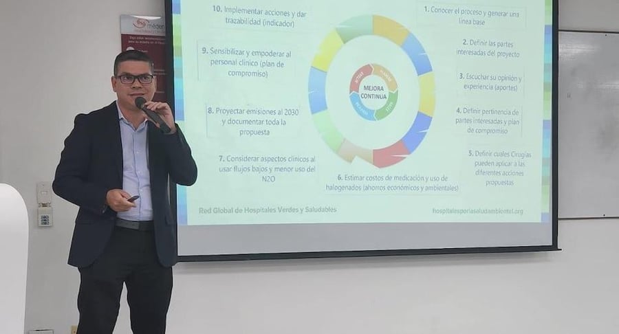 Expositor presentando diapositiva sobre mejora continua y sostenibilidad en conferencia de hospitales verdes